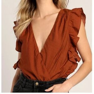 Lulu's Rust Ruffled Sleeveless Bodysuit